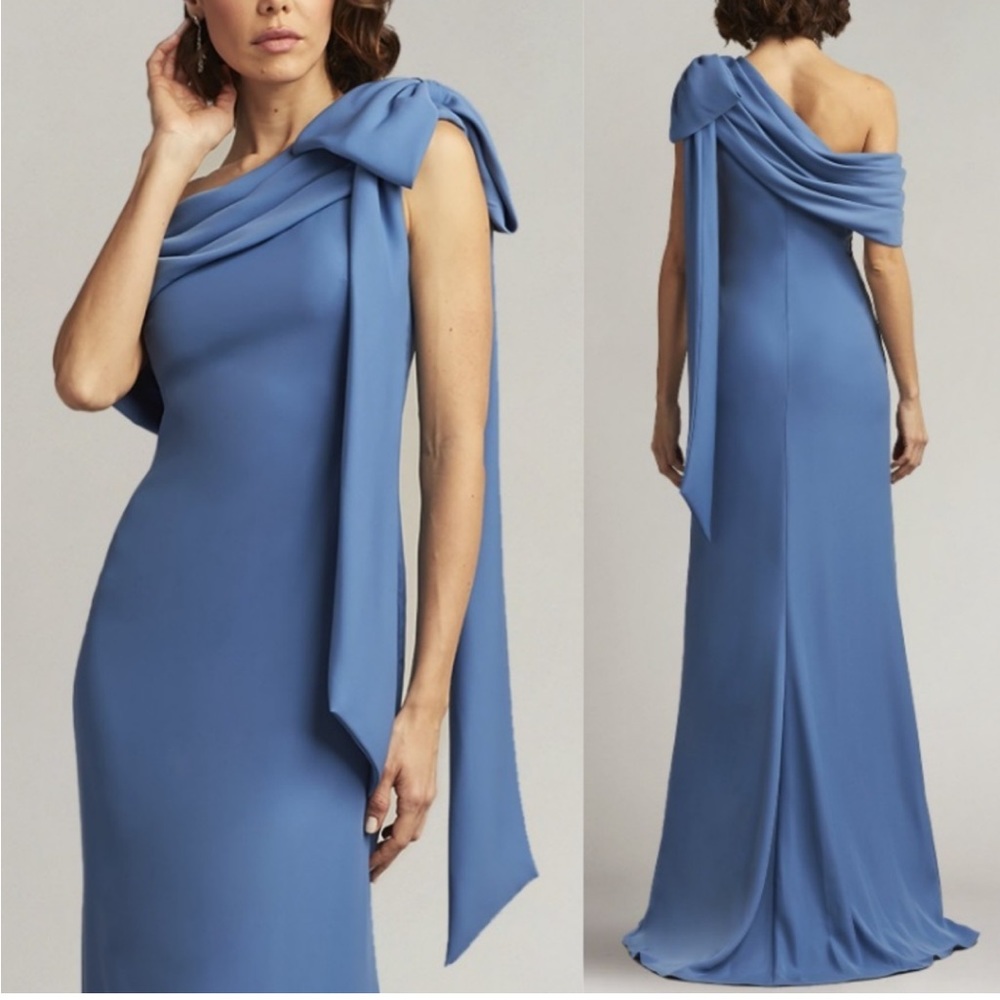 Tadashi Shoji CASSIA BOW-SHOULDER CREPE GOWN, sz 12, New